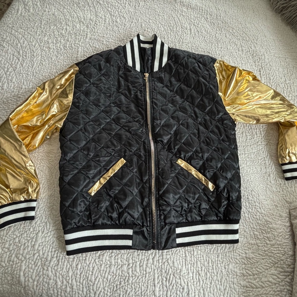 Bling Costume Quilted Baseball Jacket in Foil Gold & Black Satin. Saints Fans.